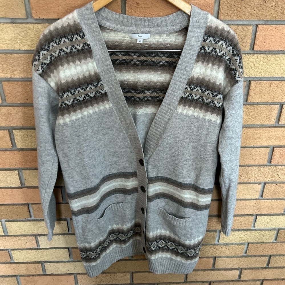 Gap Women's Gray Fair Isles Nordic Lambs Wool Blend Cardigan Sweater Size Medium